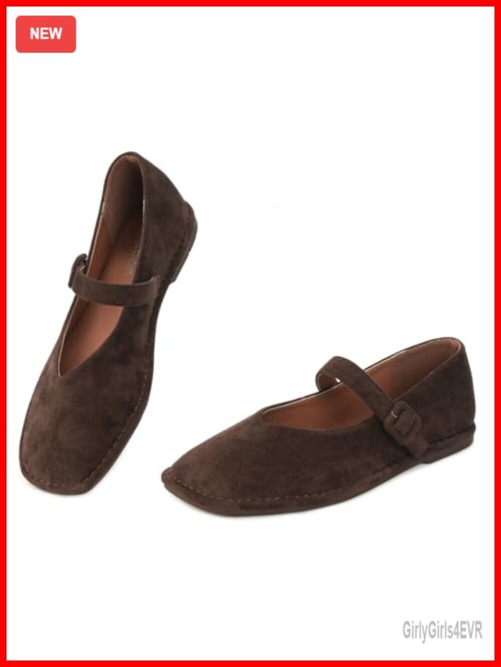 Womens Square Toe Mary Jane Flats with Adjustable Strap Faux Suede Ballet Shoes